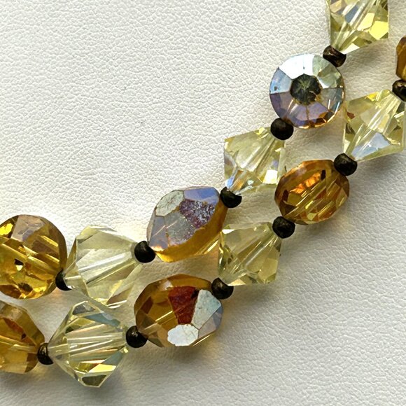 Vintage Two Strand Amber Yellow Aurora Borealis Glass Bead Facet Necklace 1950s - Picture 8 of 12